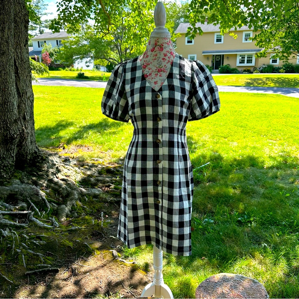 LOFT ✨NWTs✨ Gingham Button V-Neck Puff Sleeve Dress